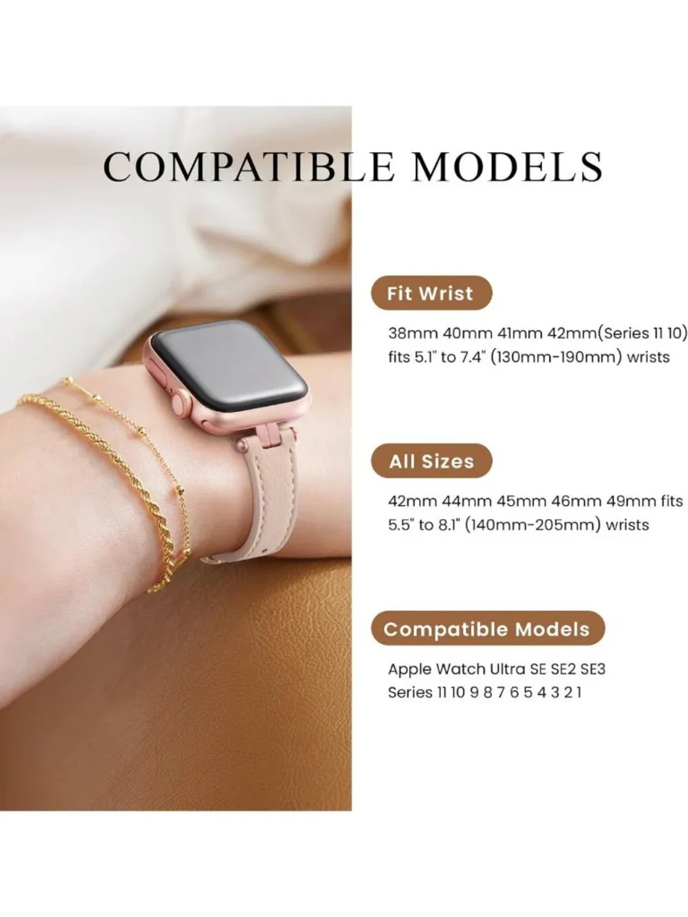 Stylish Thin Leather Apple Watch Band 38mm 40mm 41mm 42mm - Slim Wristband, Pink